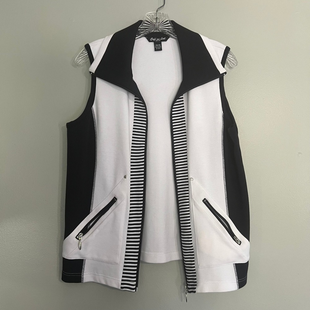 Cafe au Lait Petite Black White Colorblock Striped Zip Front Vest PM  mod sporty